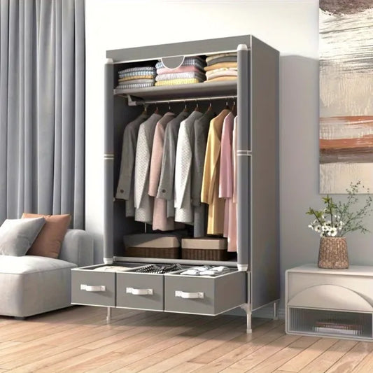 Portable Clothes Closet Rolling Door Wardrobe With Hanging Rack Non-Woven Fabric Storage Organizer With Three Drawer Boxes No-Tool Assembly - 67inx35.4inx17.7in Gray