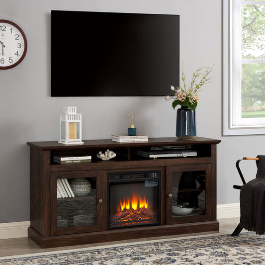 Contemporary TV Media Stand Modern Entertainment Console With 18  Fireplace Insert For TV Up To 65  With Open And Closed Storage Space, Brown, 60 Wx15.75 Dx29 H