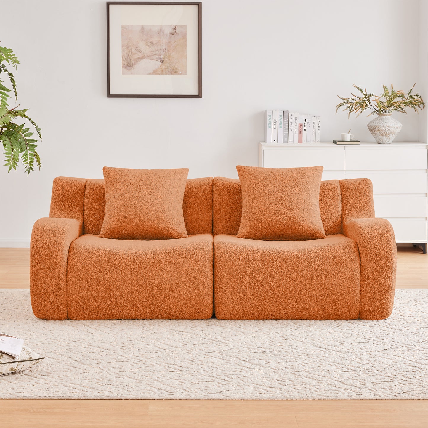 Soft Teddy Fabric Boneless Sofa,No Assembly Required Streamlined Design,Anti-Slip Design 32D High Density Sponge Living Rooms Bedrooms,Orange