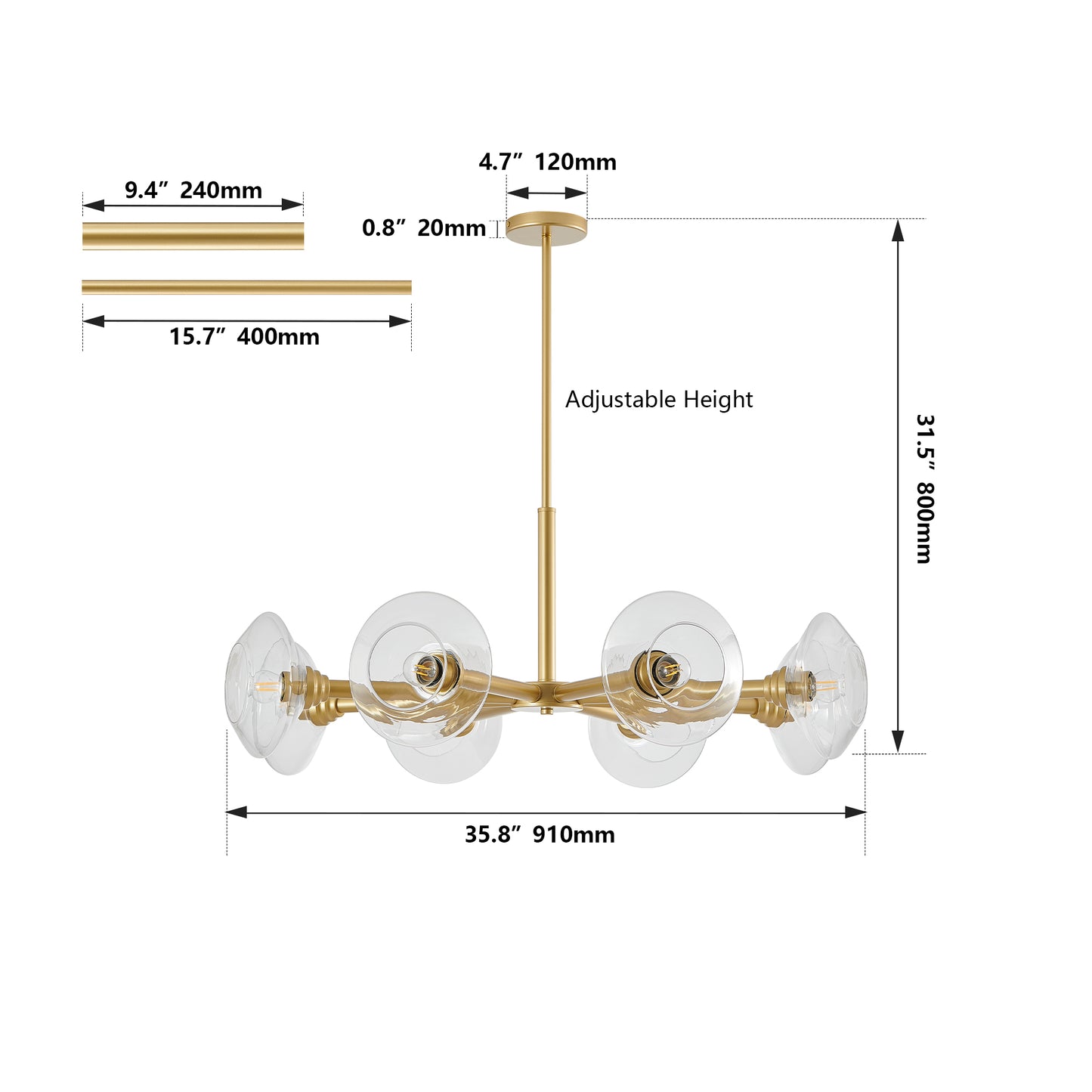 36 Modern Gold 8-Light Sputnik Chandelier With Clear Glass Shades, Mid-Century Hanging Pendant Light Fixture For Dining Room, Living Room, Or Kitchen Bulb Not Included