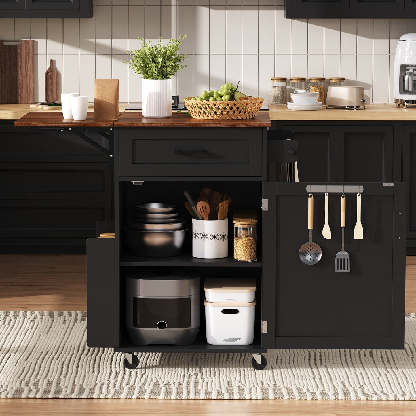 K&K 39.3  Farmhouse Kitchen Island With Drop Leaf, Kitchen Storage Island With Open Side Rack, One Drawer, Towel Rack, Rolling Kitchen Cart With Lockable Wheels For Lawn Garden, Black