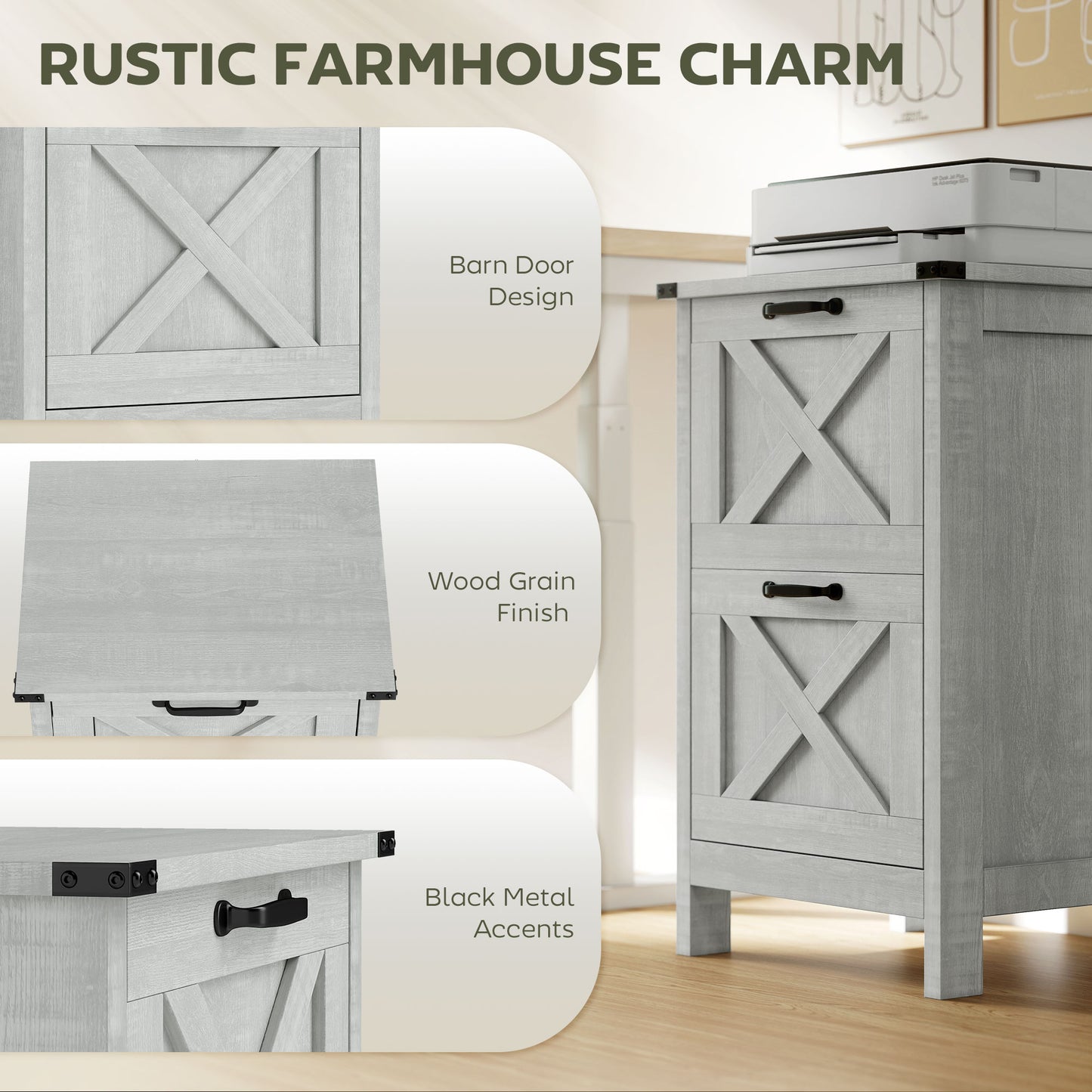 Vertical File Cabinet With 2 Drawers, Rustic Farmhouse Office Storage Cabinet For A4, Letter Size, Distressed Light Gray