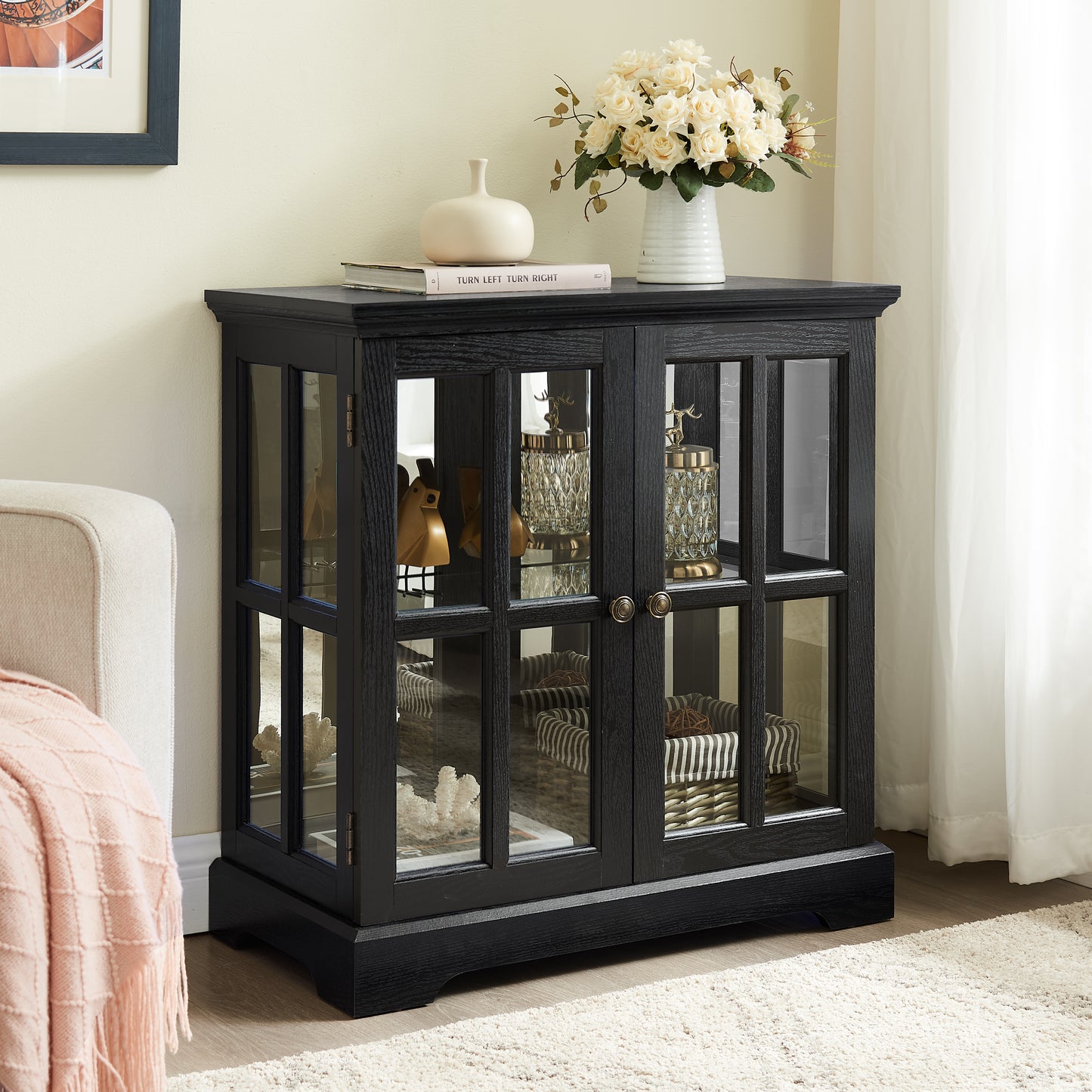LED Curio Display Cabinet, Antique Display Cabinet With Adjustable Shelves, Retro Design Quality Showcase With Lattice Doors Elegant Bookcase And Storage Cabinet For Home Decor And Organization BLK