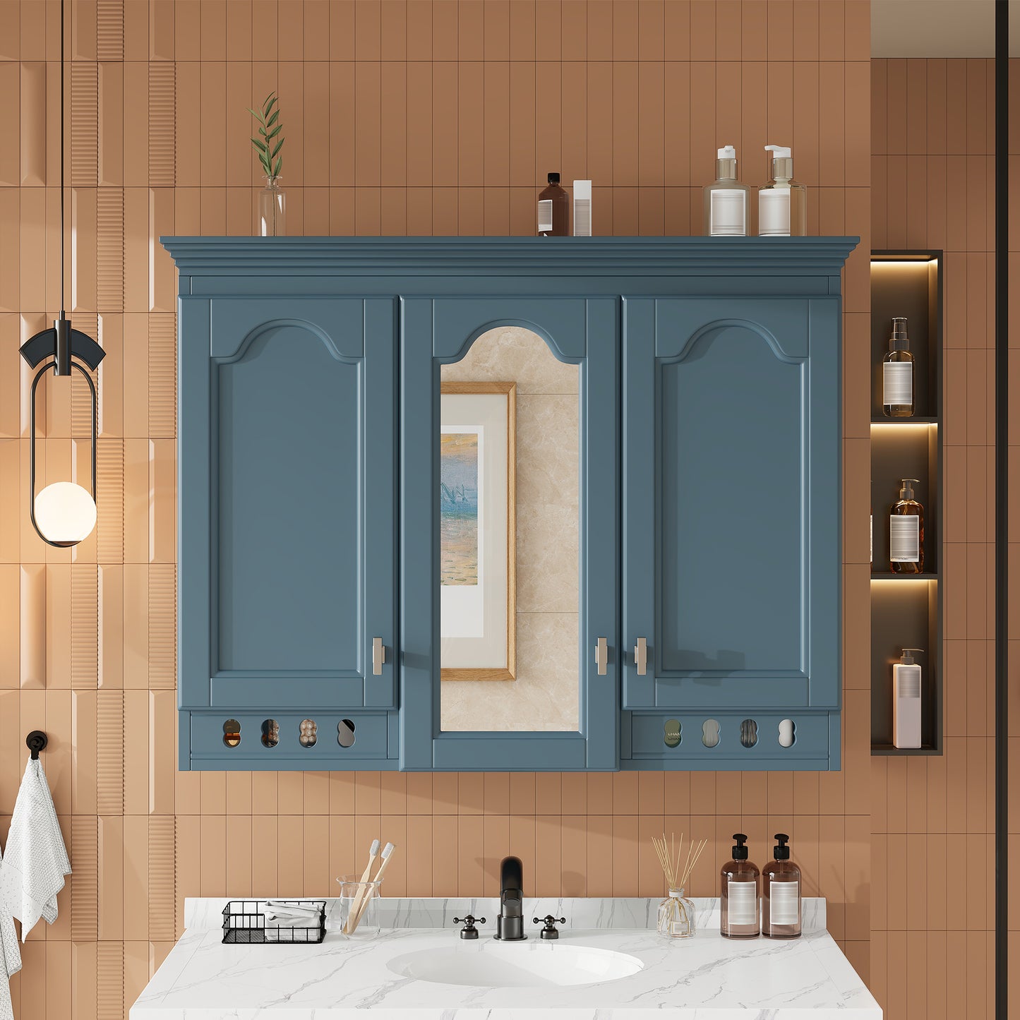 35 Inch Wall-Mount All-in-One Mirror Cabinet With Adjustable Shelves, Soft-Closing Hinges, For Bathroom Vanity, Living Room, Bedroom Storage Organizer