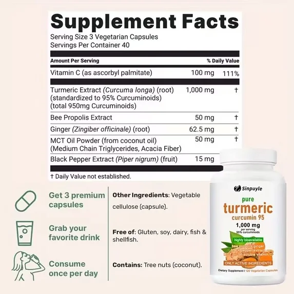 Pure Turmeric Curcumin 1000mg 120 Capsules With Ginger Black Pepper And Vitamin C For Joint Health