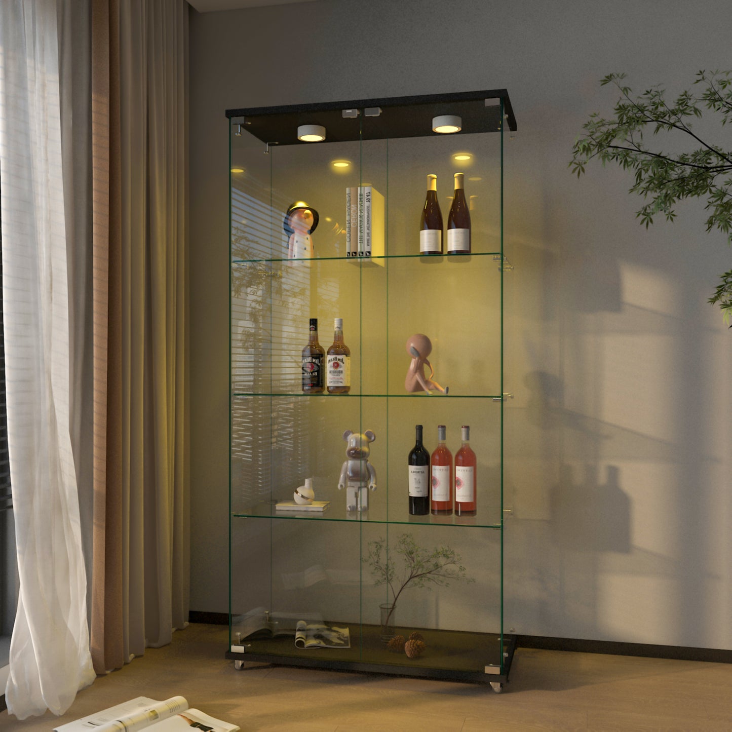 Modern Glass Display Cabinet With LED Lights, Quick-assembly Antique Cabinet, Tempered Glass Bookshelf, Suitable For Living Room And Bedrooms, 2-door 4-shelf, Black