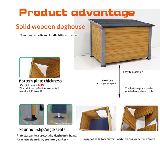 45 Winter Warm Outdoor Indoor Dog House, Made Of Solid Wood, Plastic Curtain, Insulation Mat.