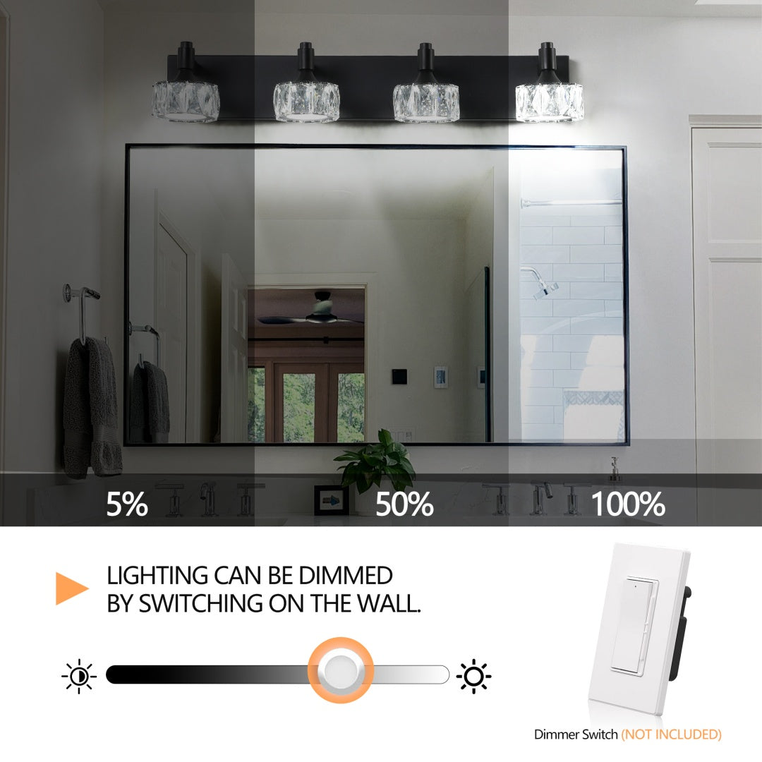 Modern 4-Light Matte Black LED Vanity Light Fixture With Crystal Glass Shades, Bathroom Wall Sconce For Elegant And Contemporary Home Decor