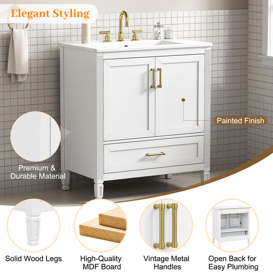 Video  30  Elegant Fluted Bathroom Vanity With Ceramic Sink, Single Box Shipping, Solid Wood Legs, Soft-Close Doors & Drawer, Door Shelf, White