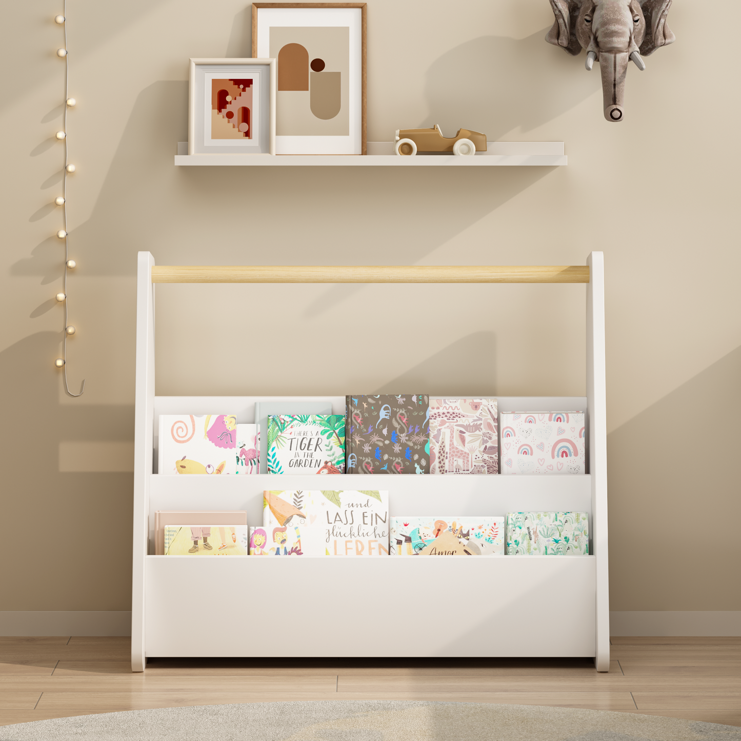 Kids Bookshelf With Wooden Handle, 2-Tier Front-Facing Toddler Bookcase, Portable Children's Book Storage Organizer For Bedroom, Playroom, Nursery, Or Classroom, White