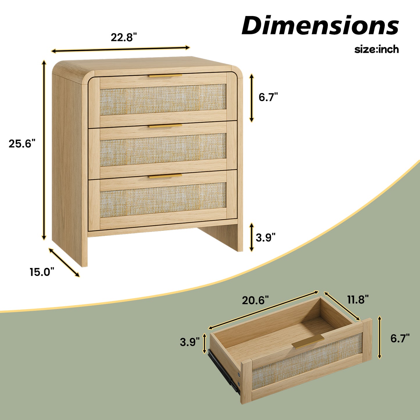 Rattan 3 Drawers Nightstand Set Of 2,  22.8  Wide Curved Wooden Bedside Table, Modern Storage For Bedroom, Natural Oak.