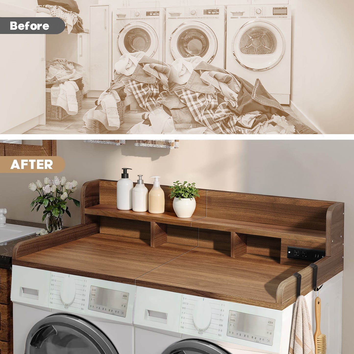 2-Tier Washer And Dryer Countertop With Power Outlet, 54W X 27.5D Large Laundry Countertop For Fold Clothes, Laundry Topper With Non-Slip Pads & Hooks And Storage Basket Walnut Color