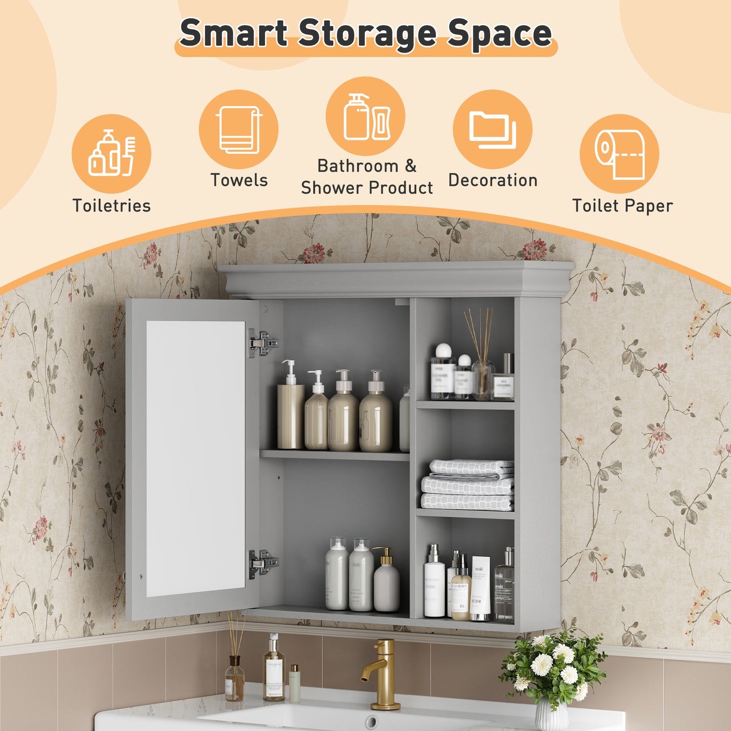 30   X 28   Bathroom Medicine Cabinet With Mirror, Wall Mounted Mirror Cabinet With Storage Organizer, Over The Toilet Storage Storage Cabinet For Bathroom