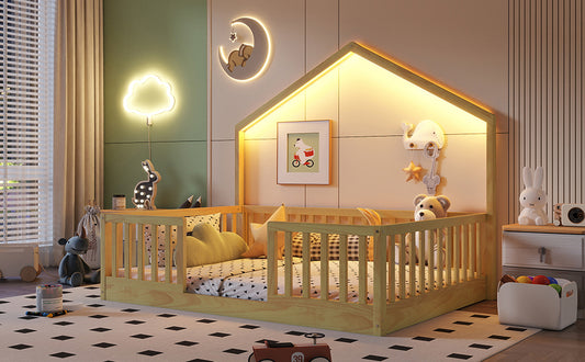 Full Floor Bed With High Rails, Wooden Montessori Bed With Light For Kids, Boys And Girls,NaturalExpect Arrival Date 2026 3 16
