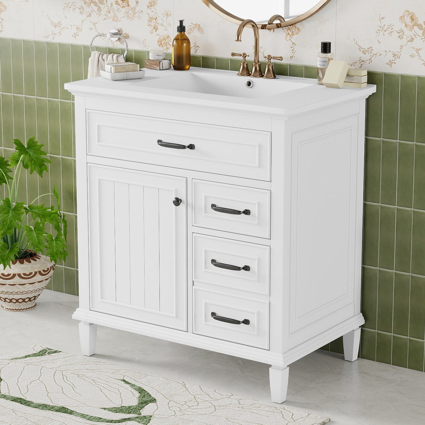 30 Inch Bathroom Vanity With Ceramic Sink Top, Solid Wood Frame, MDF & Pine Cabinet, Flip Drawers, Adjustable Shelf, And Zinc Alloy Handles, Freestanding Storage Cabinet  Faucet Not Included