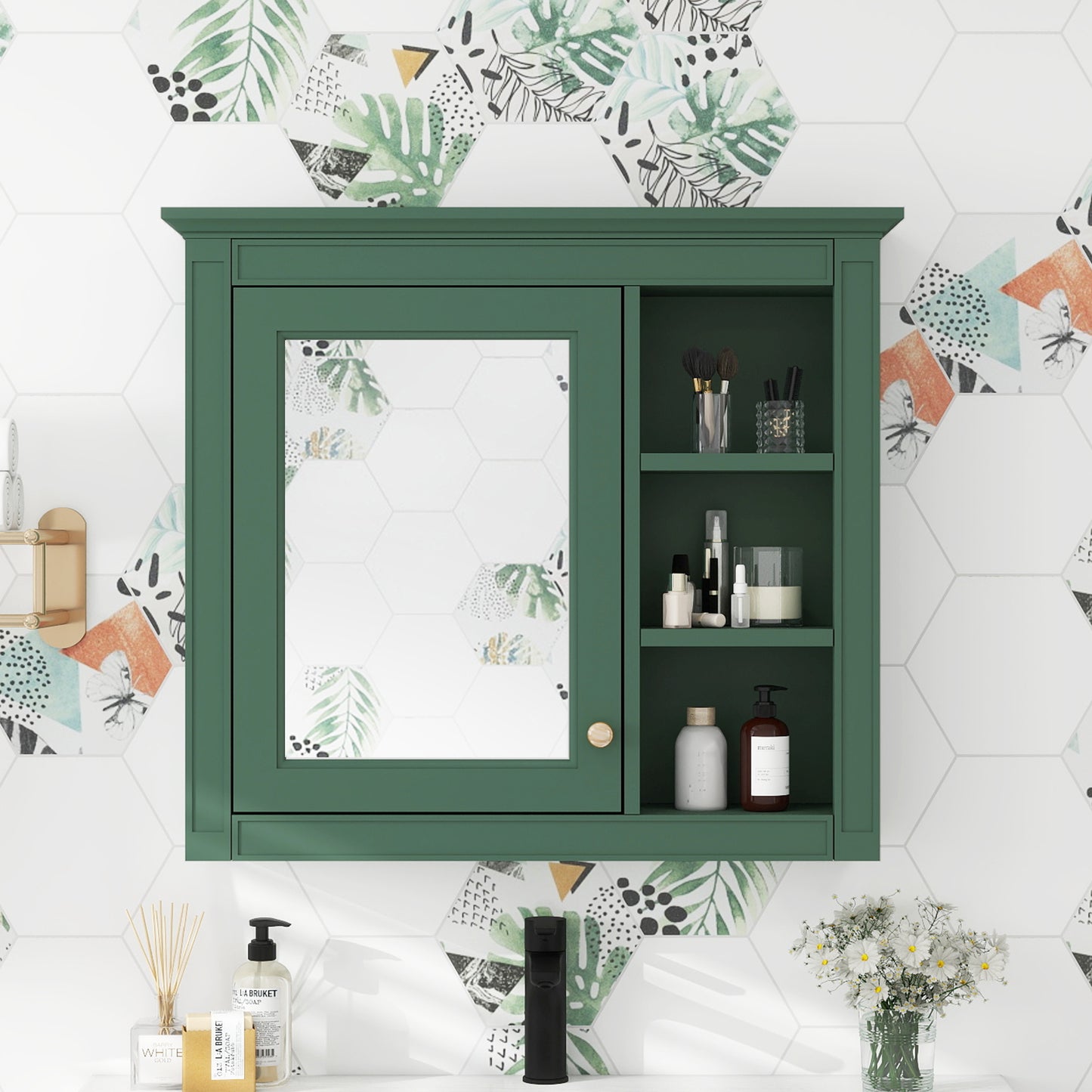 30   X 28   Medicine Cabinet, Wall Mounted Bathroom Storage Cabinet, Modern Bathroom Wall Cabinet With Mirror,Medicine Cabinet,  Mirror Cabinet With 3 Open Shelves   Not Include Bathroom Vanity