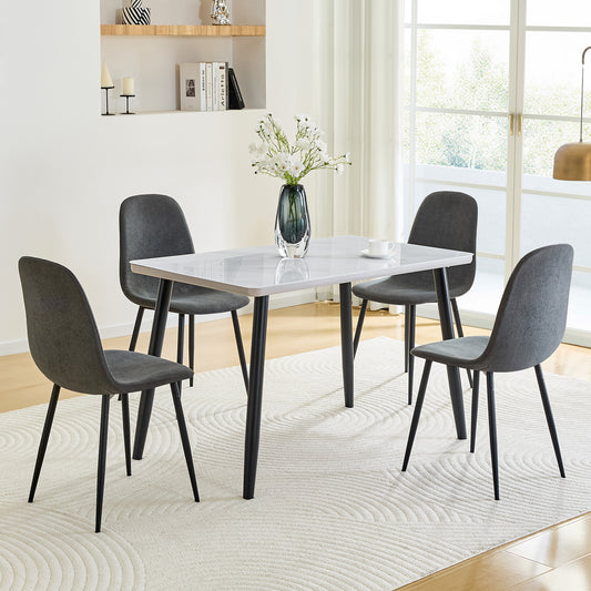 Table And Chair Set.Modern Rectangular Dining Table,suitable For 4-6 People.White Tempered Glass Countertop Lower MDF Board.Paired With 4 Dark Gray Linen-Cotton Material Dining Chair With Metal Leg.