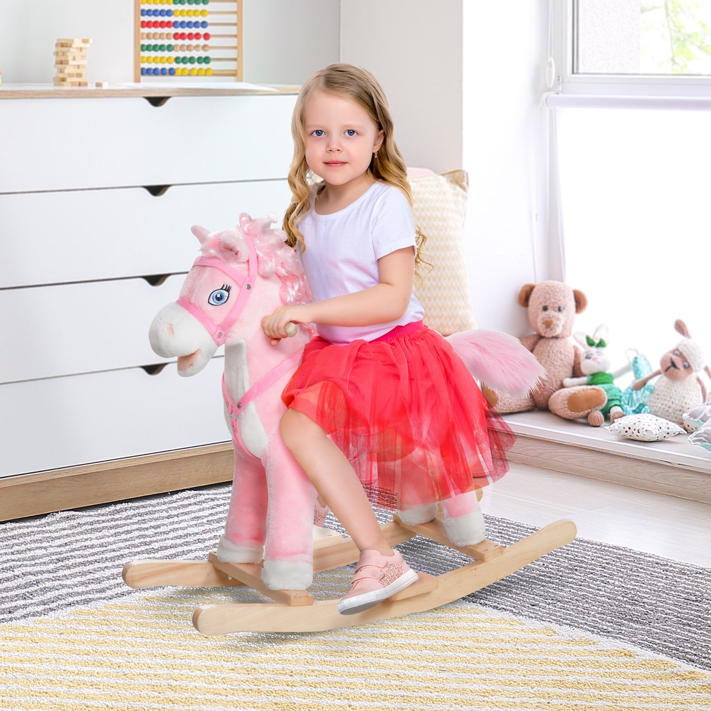 Kids Ride On Rocking Horse Toddler Plush Toy With Realistic Sounds And Swinging Tail For 3 Years Old Children