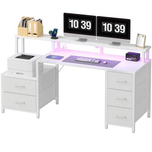 67-inch Computer Desk, Equipped With 5 Drawers And A Monitor Stand. The Gaming Table Comes With LED Lights And Power Sockets. The Printer Cabinet.