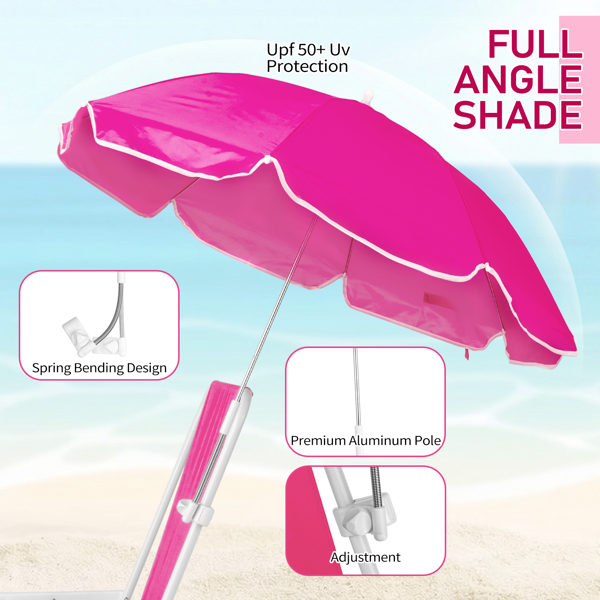 1 Pack Folding Beach Chair With Umbrella, XL Size, 15inch Seat Height, Pink, Steel Spring Chair With Cross Bar, Oxford Cloth, 120kg Capacity