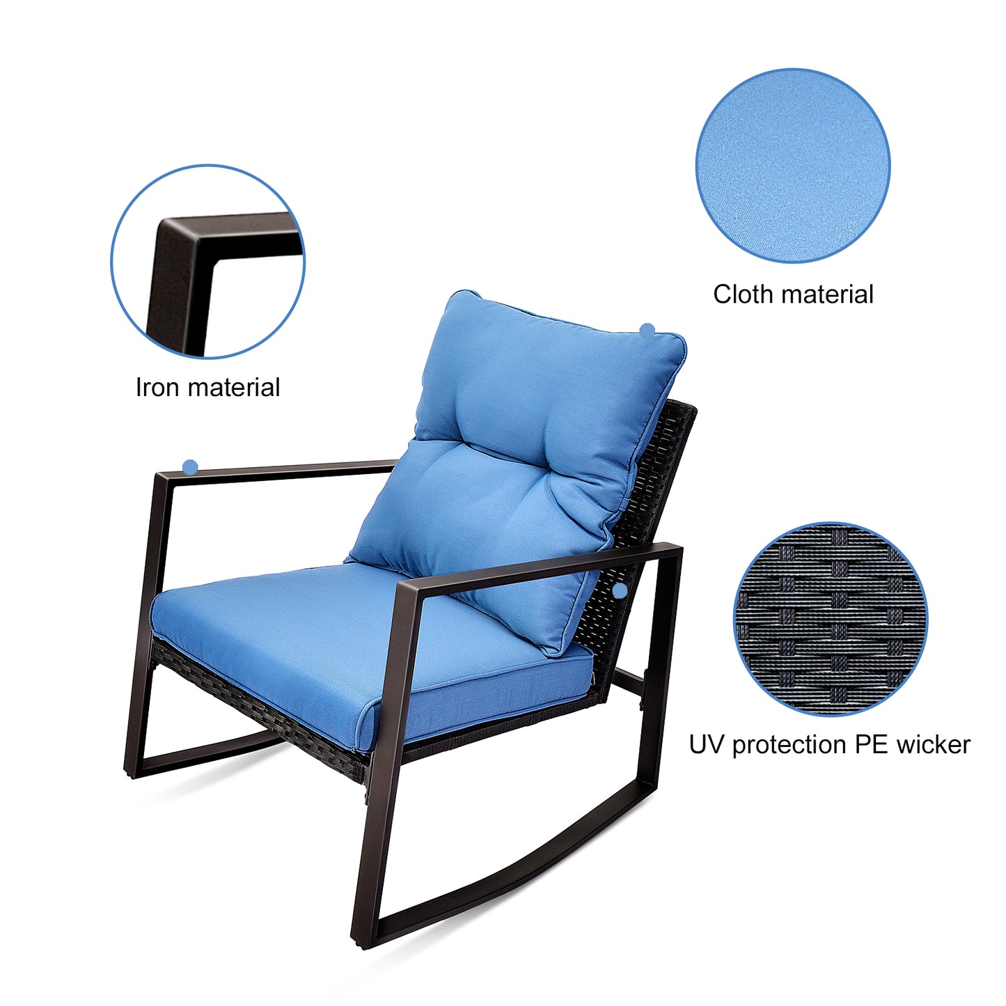 3 Pieces Patio Bistro Set Outdoor Rocking Chair W Blue Cushion For Yard Garden Poolside