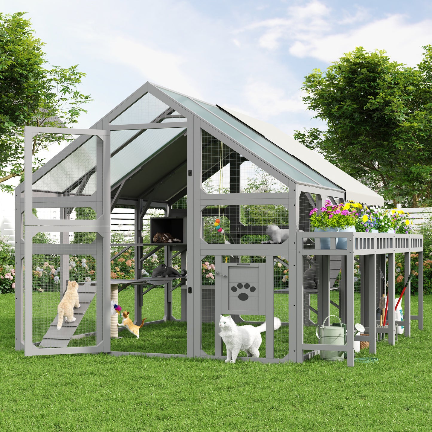 Large Outdoor Cat House With Planter Stand, Wooden Cat Enclosure With Resting Boxes For Multiple Kittens, Hanging Bridge, Platforms,Walk-In Catio Cage  With Waterproof Proof Cover, Grey