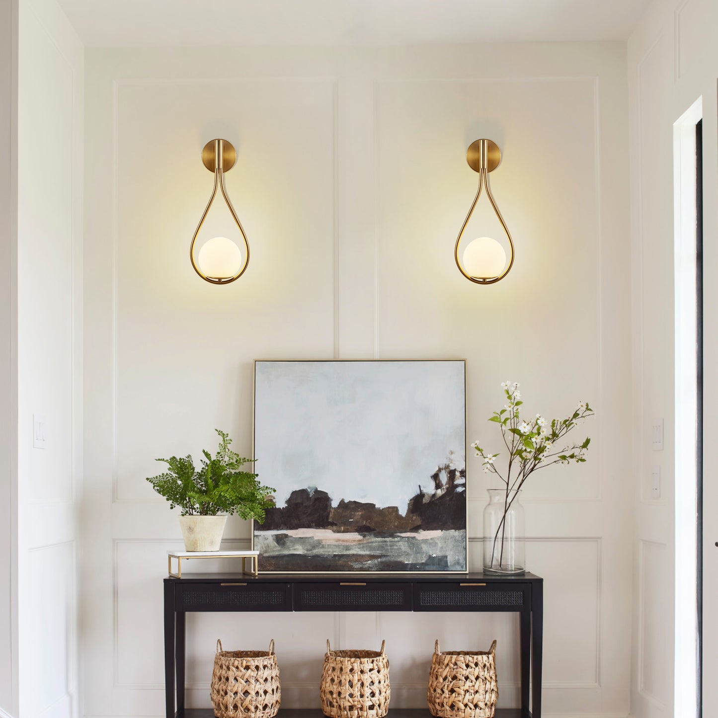 19IN  Set Of 2 Modern Golden Wall Sconces With Opal Glass Globe, Mid-Century Design, Luxury Wall Lights For Bedroom, Living Room, Hallway -No Bulb