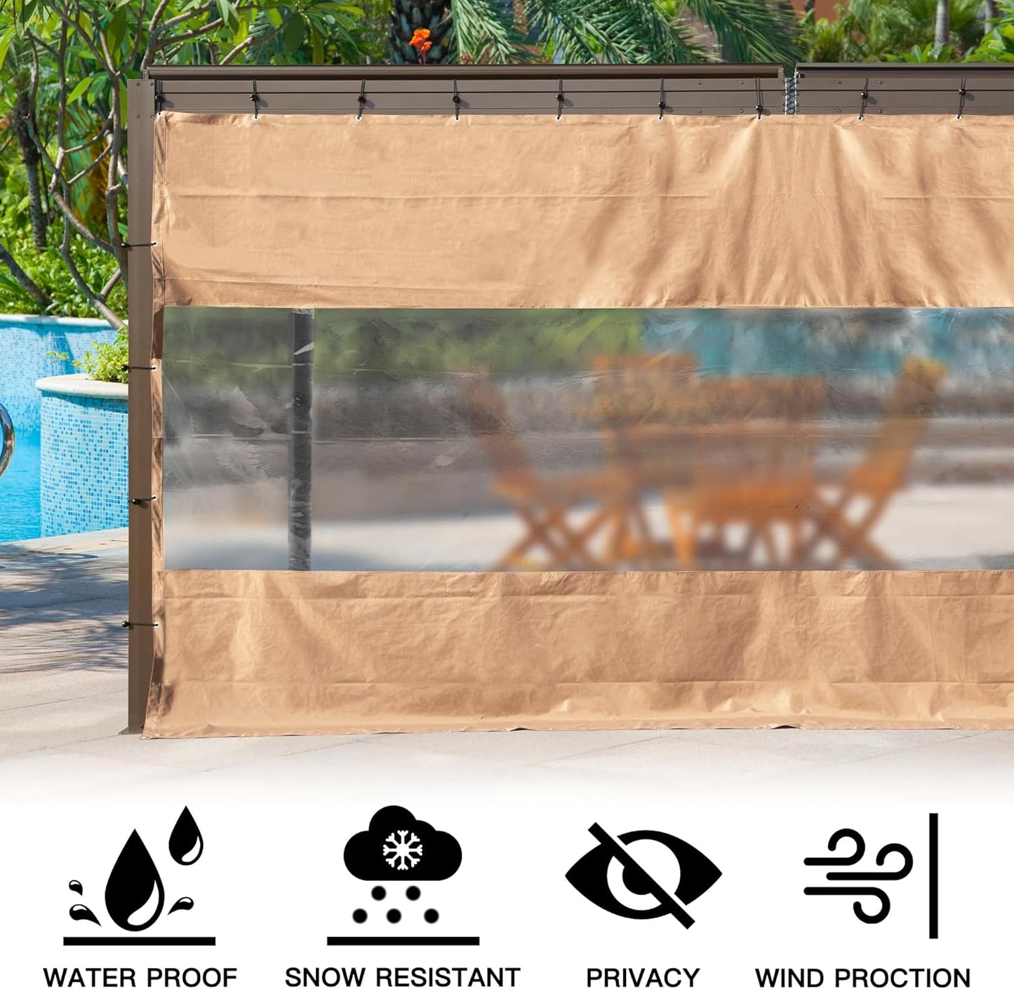 Heavy Duty Outdoor Clear Panel Curtain, 18 Oz Waterproof PVC Polyester Curtain, Weather Resistant & Tearproof For Patios, Gazebos, Pergolas, Privacy Screen  8 H X 7 W, Brown