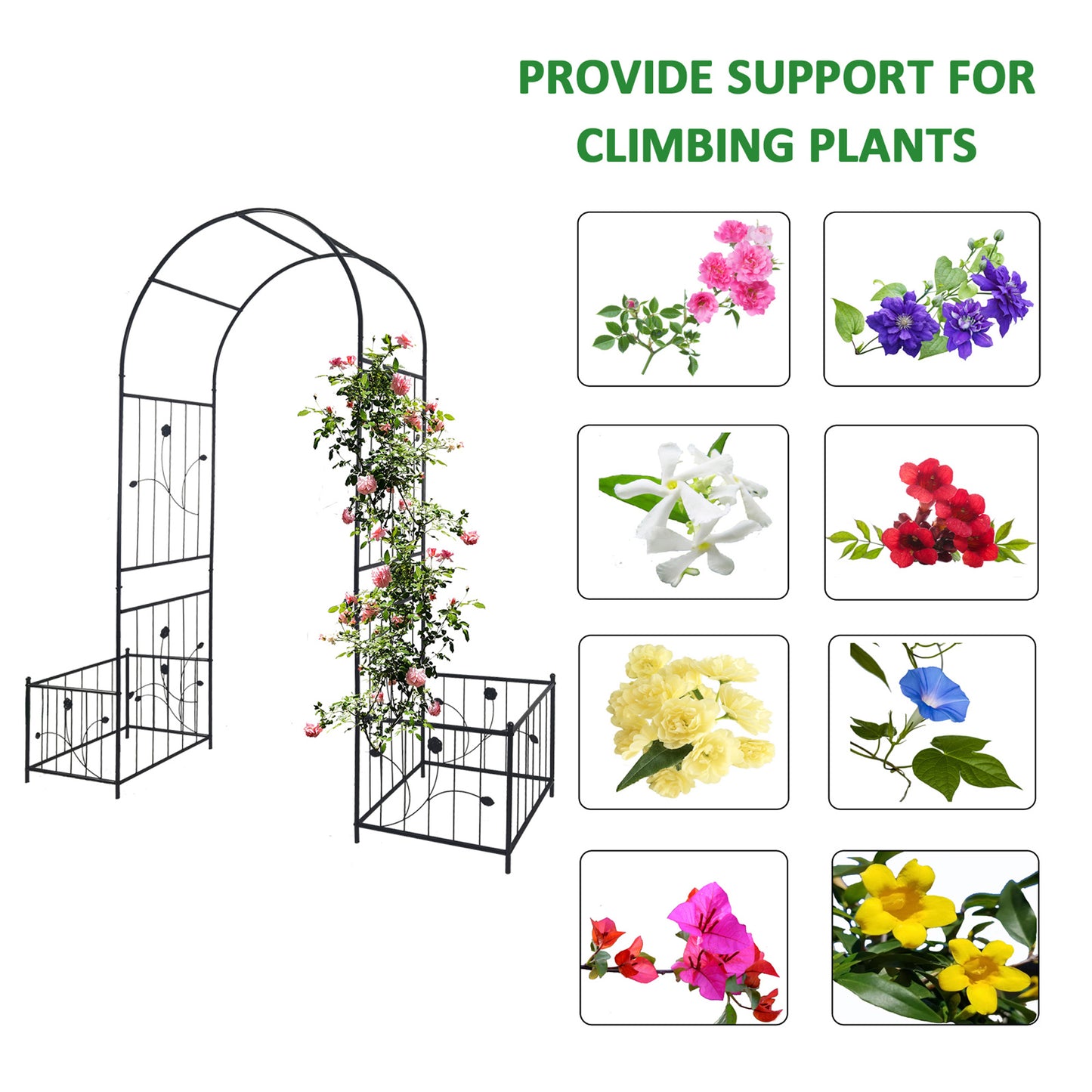 Metal Garden Arch With Two Plant Stands 79.5  Wide X 86.6  High Climbing Plants Support Rose Arch Outdoor Black