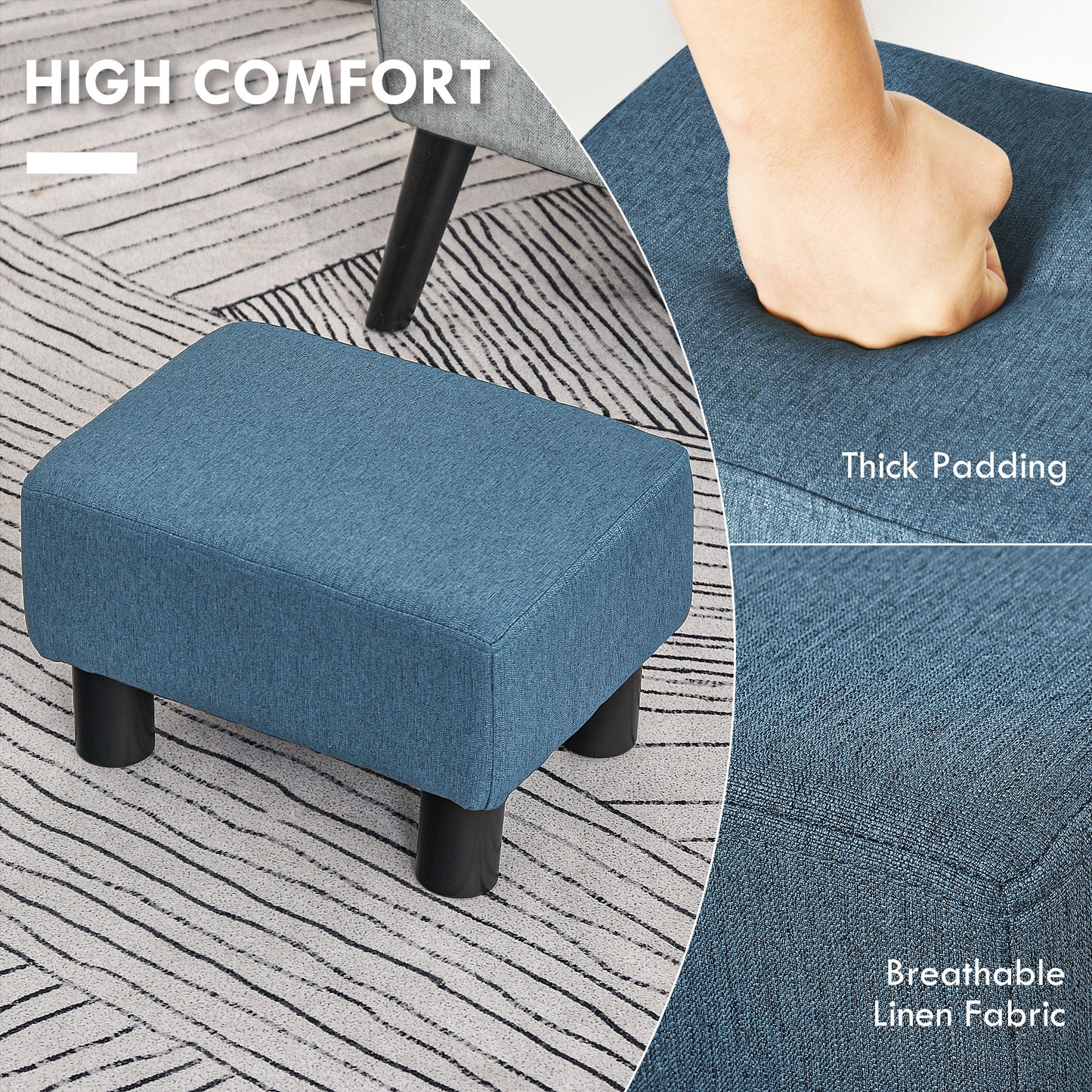 Ottoman Foot Rest, Small Foot Stool With Linen Fabric Upholstery And Plastic Legs, Cube Ottoman For Living Room, Blue