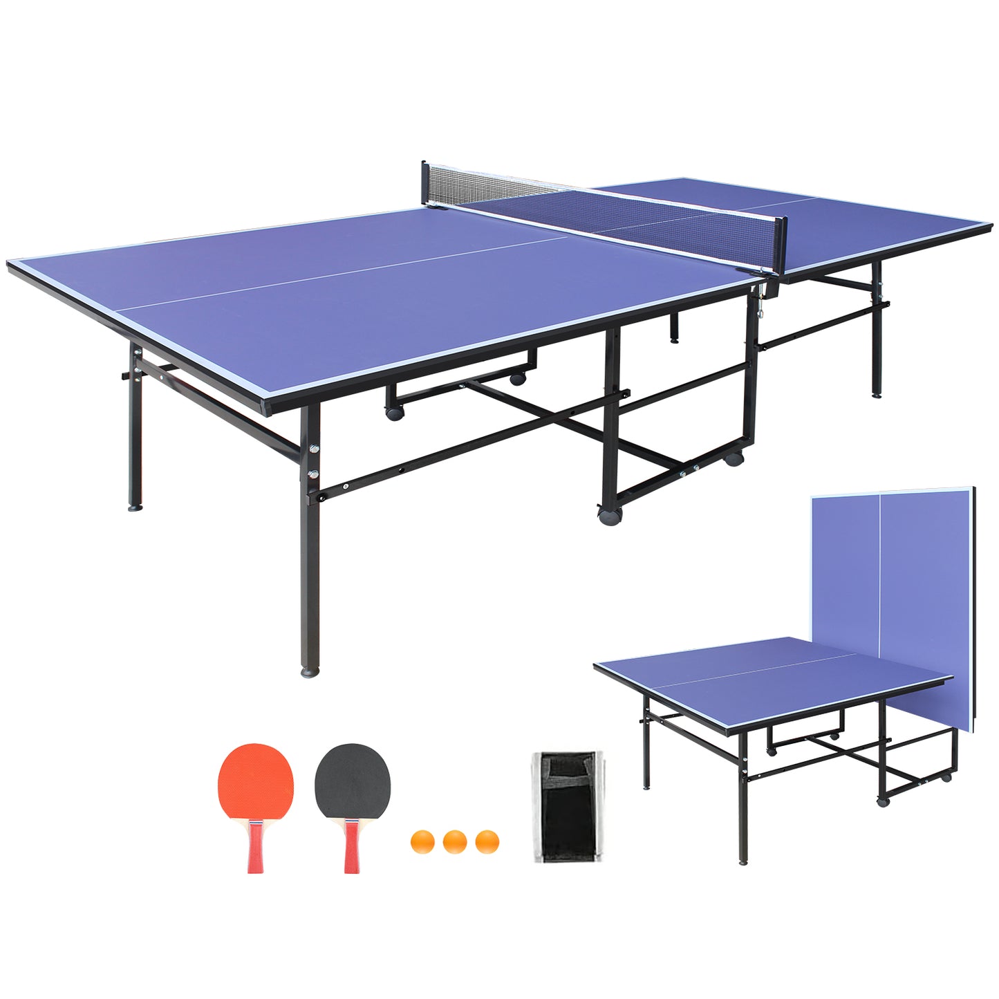 9x4.1ft Blue Mid-Size Table Tennis Table Foldable & Portable Ping Pong Table Set For Indoor Games With Net, 2 Table Tennis Paddles And 3 Balls