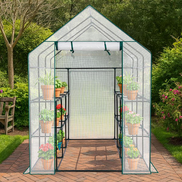Large Walk-in Greenhouse With PE Cover & Side Windows, 12-Shelf Indoor Outdoor Portable Greenhouse For Garden Backyard, 56 X 85 X 77inch, White