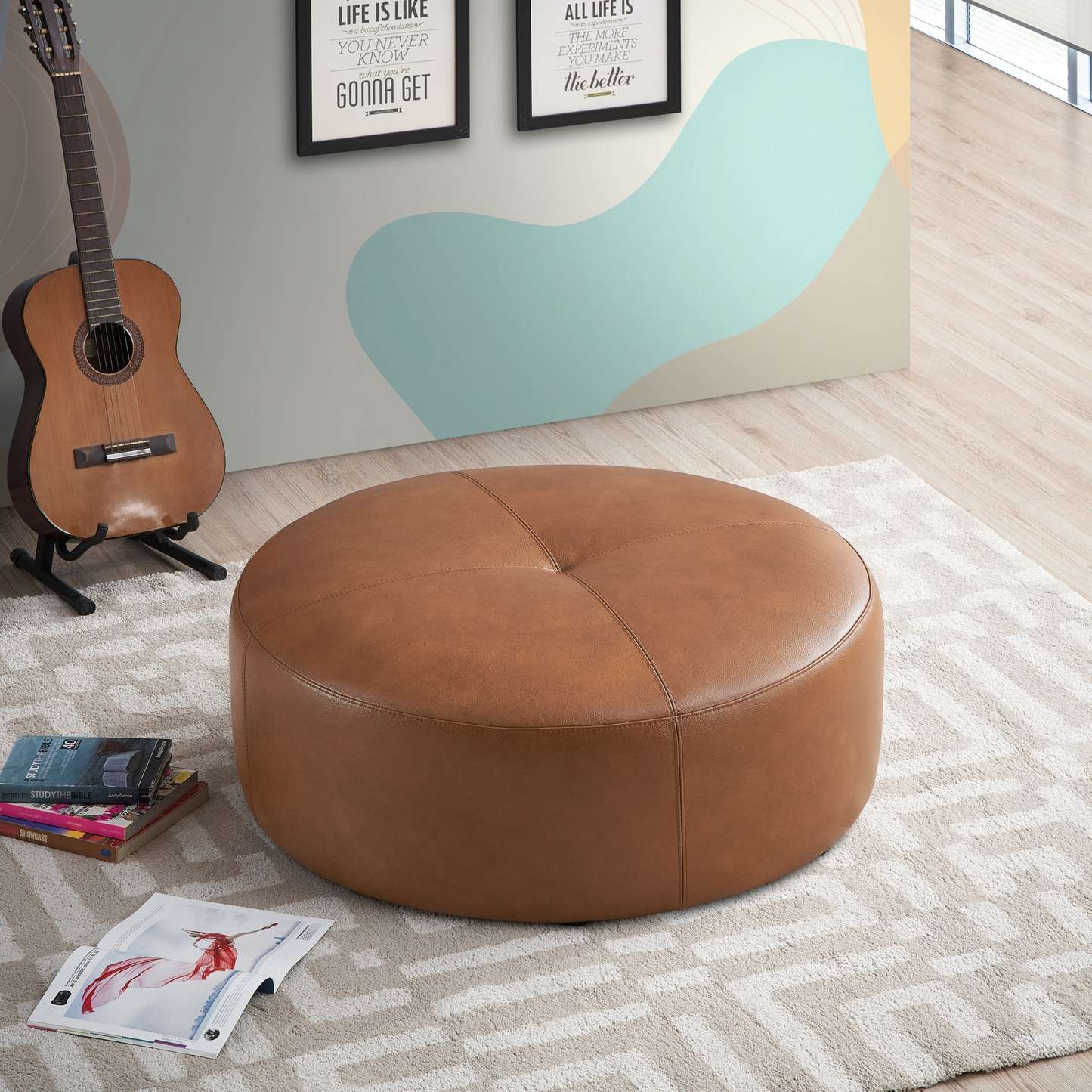 Rochelin Tan Leather Ottoman 36     Floor Footrest Cushion