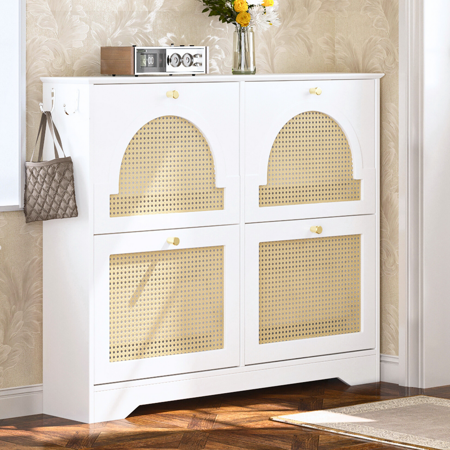 Mid-Century Narrow Design Tipping Bucket Shoe Cabinet With 4 Flip Drawers, Elegant Entryway Shoe Organizer With 4 Rattan Doors, Freestanding Shoe Rack With 2 Silvery Hooks For Hallway, White, 42.1 W