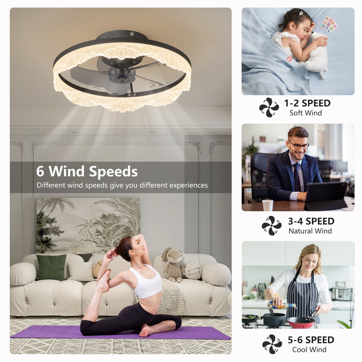 16 Decorative LED Ceiling Fan Light  Modern Flush Mount With Crystal-Inspired Acrylic Ring, Hidden Blades, Remote Control, And Dimmable Light For Stylish Homes  Black