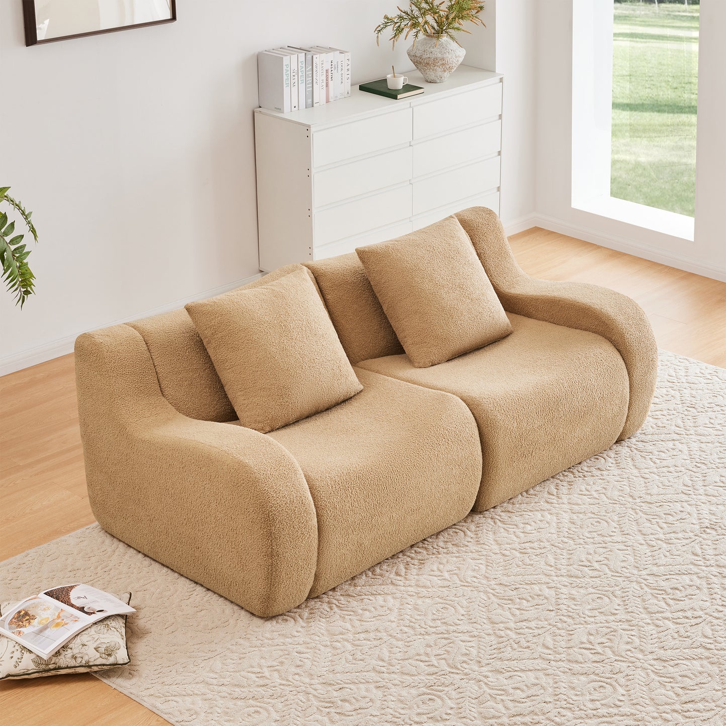 Soft Teddy Fabric Boneless Sofa,No Assembly Required Streamlined Design,Anti-Slip Design 32D High Density Sponge Fits Living Rooms Bedrooms,Camel