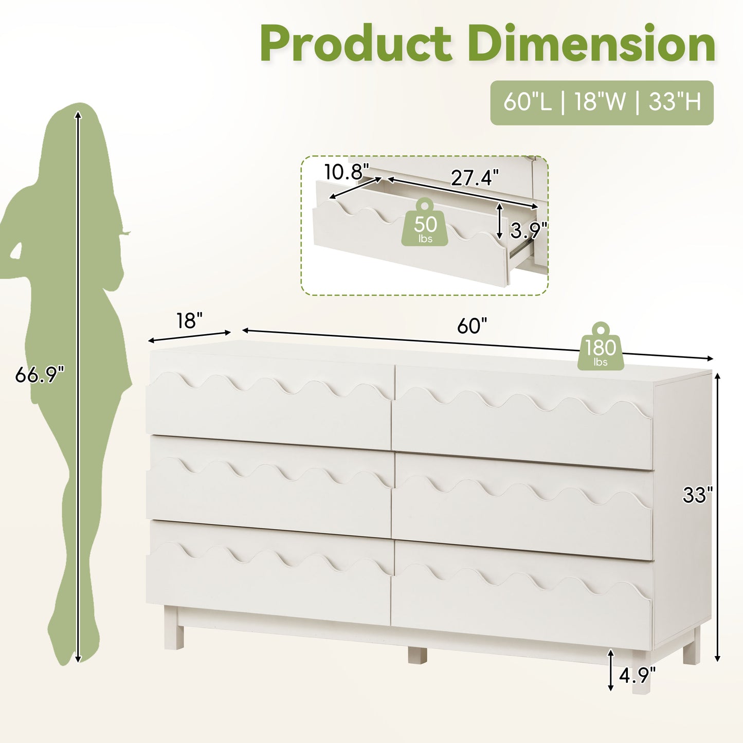 60  Length 6 Drawer Dresser With Wave Front Design, Modern TV Stand & Chest Of Drawers, Anti-Tip Clothes Storage Organizer For Bedroom, Living Room And Nursery, Ivory