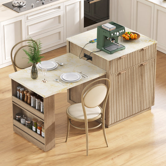 K&K 82.6  Fluted Kitchen Island With Extendable Dining Table For 4 6, Island Table For Kitchen With Power Outlet, Kitchen Table With Double Side Storage, 2 Drawers 2 Side Open Shelves, Natural