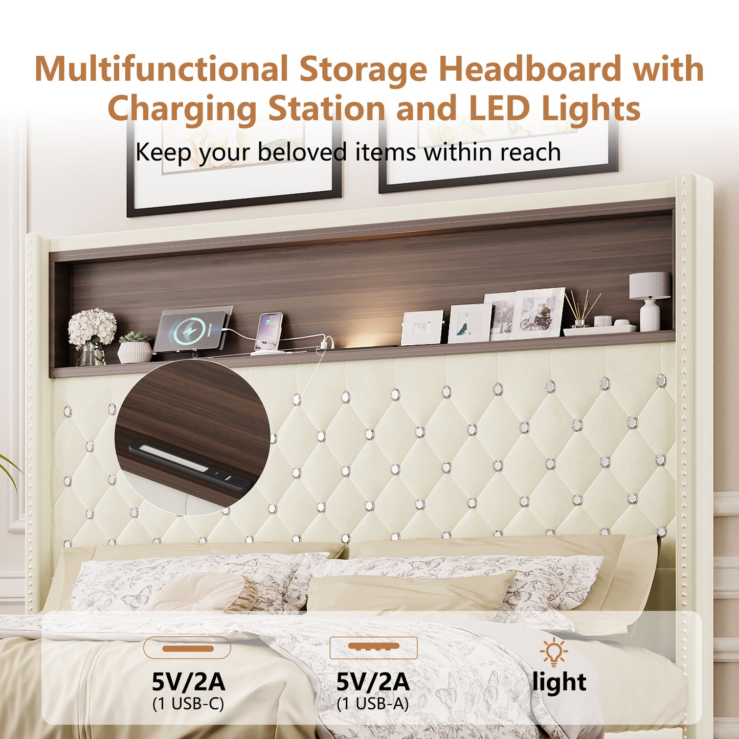 Full Size Velvet Tufted Soft Bed Frame With USB Port And Night Light,52High Headboard With Rivet Decoration,Wing-back Platform Bed With Headboard Shelf,Beige