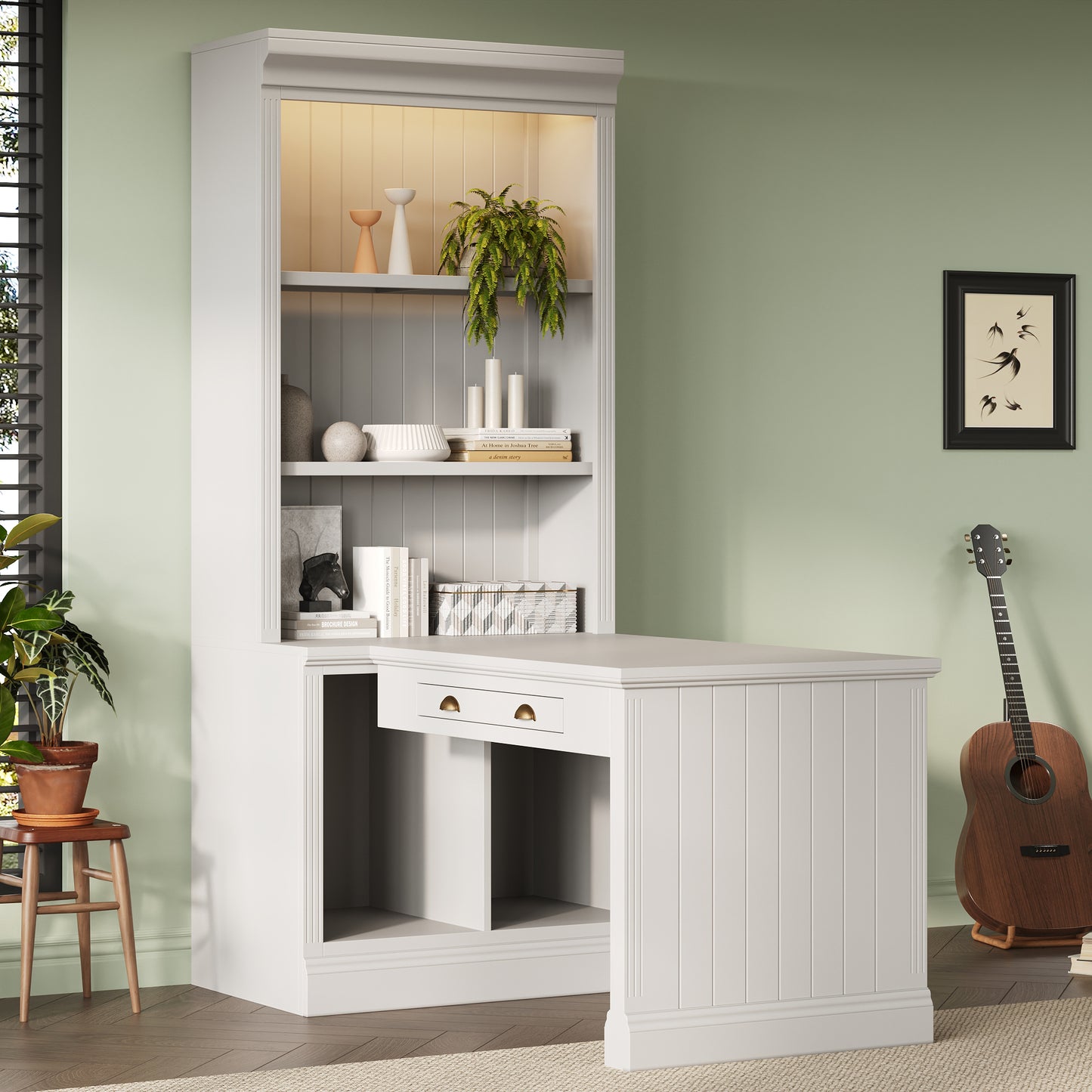 83.4Tall Bookshelf With Writing Desk, Modern Bookcase With Study Desk, Workstation With Storage Shelf,Storage Bookcase With Open Shelves And LED Lighting For Living Room,Home Office,White