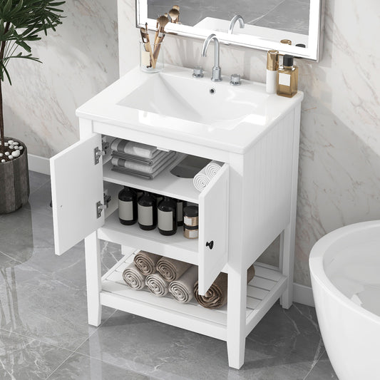 24  White Modern Sleek Bathroom Vanity Elegant Ceramic Sink With Solid Wood Frame Open Style Shelf