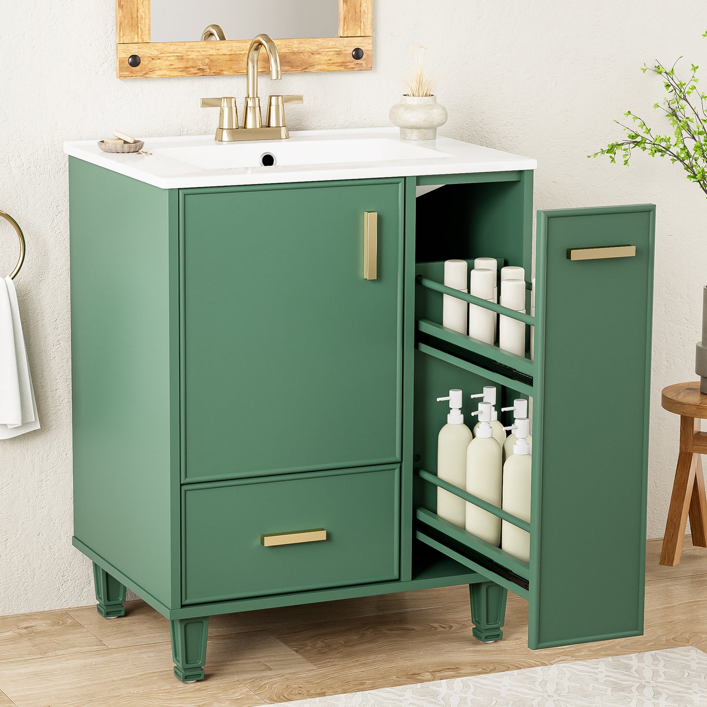24  Bathroom Vanity With Sink, Bathroom Cabinet With Door Shelf, Deep Drawer, 2-Tier Pull-Out Basket, Solid Wood Frame And MDF Board, One Package, Green