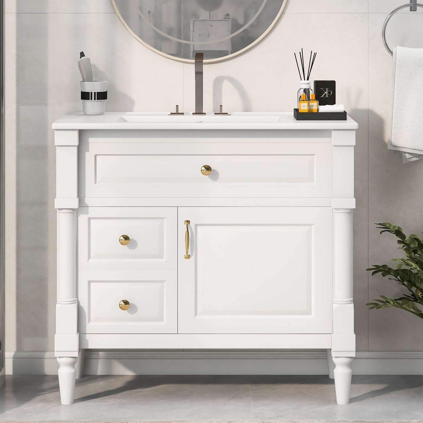 36  Bathroom Vanity With Sink, Freestanding Bathroom Cabinet With Ceramic Basin, Flip Drawer, Adjustable Shelf, Rubberwood Frame & MDF Panels, Metal Handles, White Painted Finish