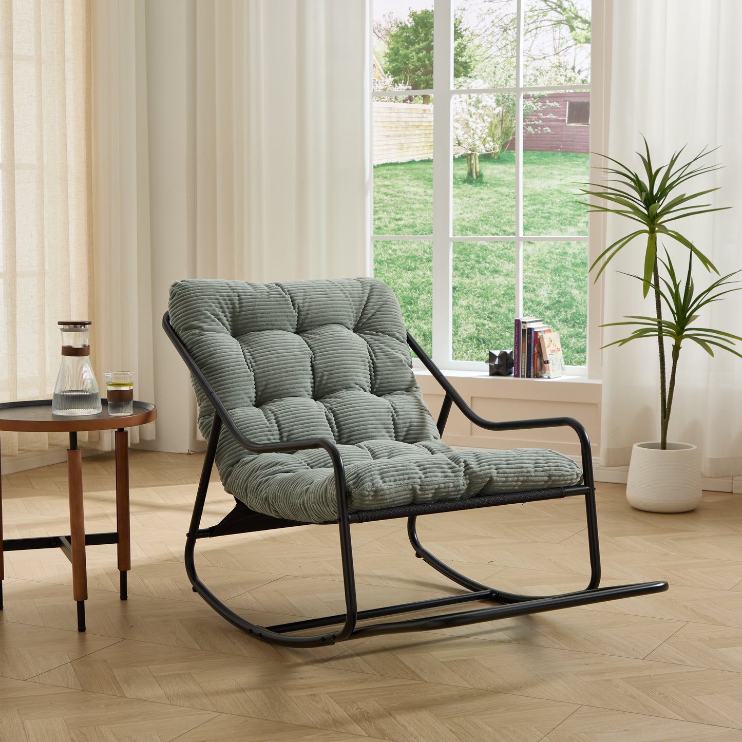 Outdoor Rocking Chair, Comfy Cushion, With Soft Thick Cushion,for Living Room, Bedroom, Reading Room, Black Frame With Light Green Cushion