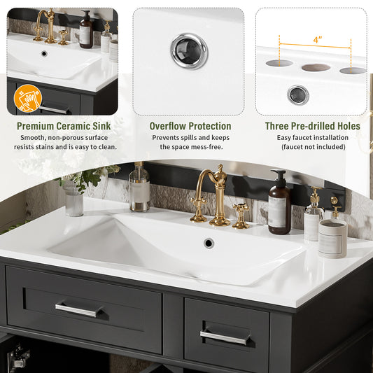 30  Bathroom Vanity With Ceramic Sink, Modern Storage Cabinet With Soft-Close Doors, Deep Drawer & Standard Drawer, Stylish Bath Vanity For Small Bathrooms