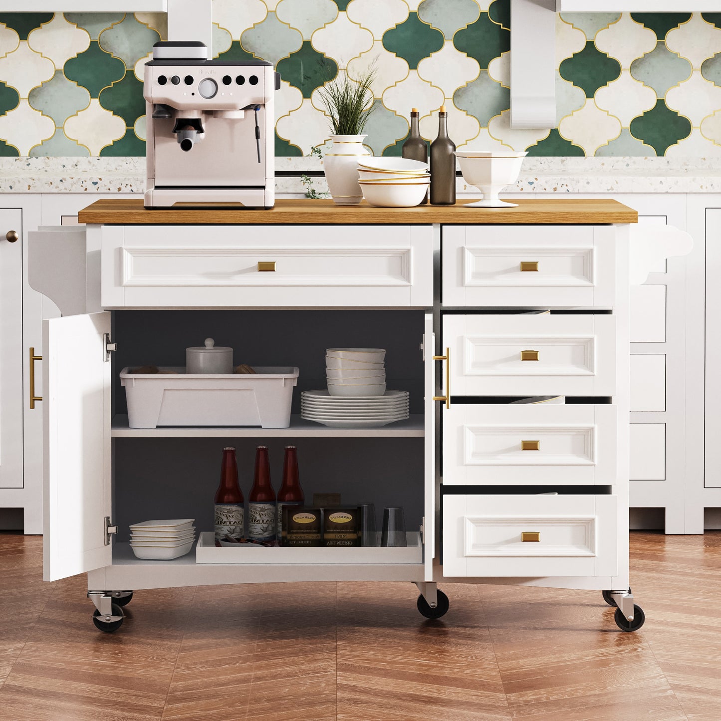 K&K 52  Kitchen Island With Drop Leaf, Embossed Texture Kitchen Island On Wheels With Spice Rack, Towel Rack, 2 Doors And 5 Drawers, Kitchen Storage Cart With Adjustable Shelf For Kitchen, White