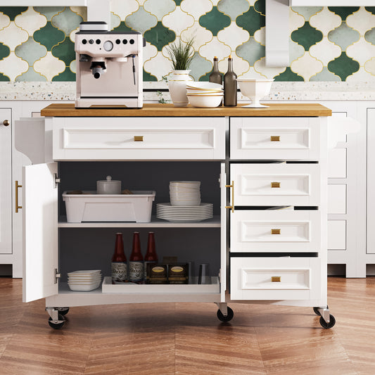 K&K 52  Kitchen Island With Drop Leaf, Embossed Texture Kitchen Island On Wheels With Spice Rack, Towel Rack, 2 Doors And 5 Drawers, Kitchen Storage Cart With Adjustable Shelf For Kitchen, White