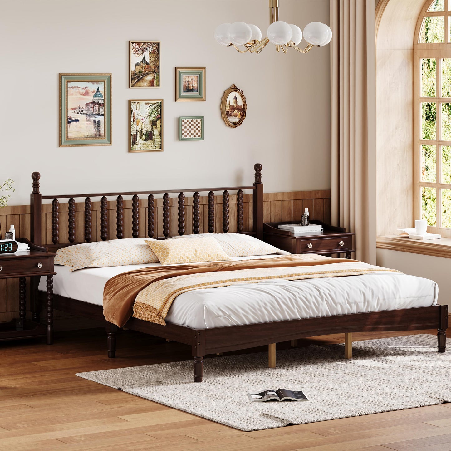 King Size Wood Platform Bed With Gourd Shaped Headboard,Retro Style Platform Bed With Wooden Slat Support,Walnut