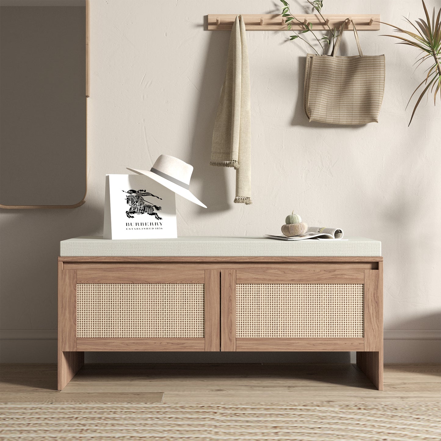 PP Rattan Storage Bench With Cushion, Faux Rattan Shoe Cabinet With 2 Doors, Mid-Century Modern Wood Entryway Seat, For Bedroom, Hallway, Mudroom, Natural Finish