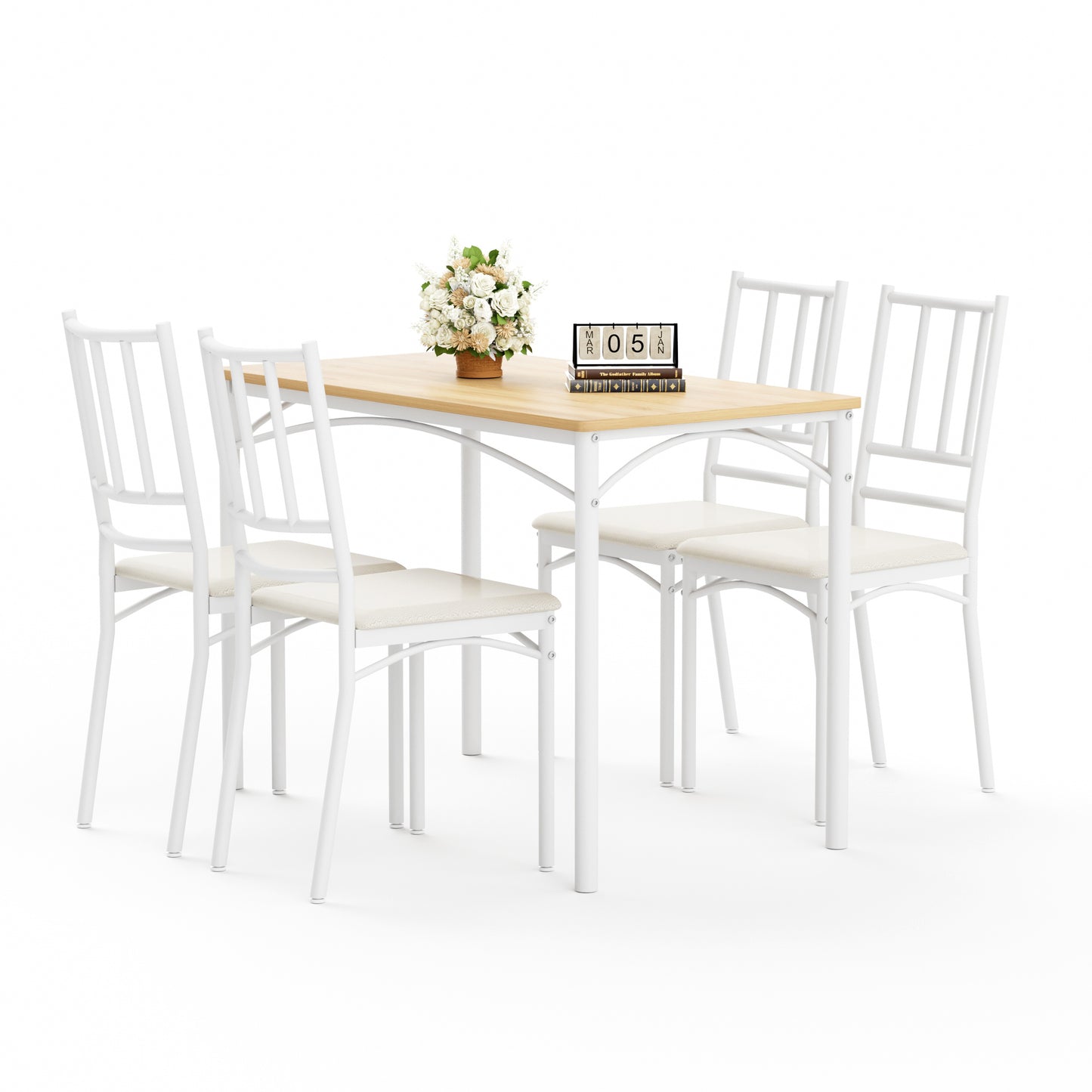 Dining Table Set, Bar Table With 4 Dining Benches, Kitchen Table Counter With Chairs, Industrial For Kitchen Breakfast Table, Living Room, Party Room, Natural And White, 43.3inL X23.6inW X 30.1inH